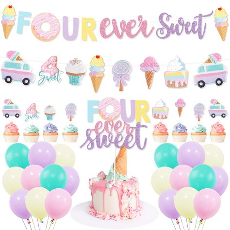 PRICES MAY VARY. 🍦🍧🍨【What Little Girl Doesn't Love Ice Cream?】Kawaii Ice Cream Cone Themed Birthday Party that your child will be celebrating. Happy Birthday to that little sweetie in your life! Throw her an ice cream social/ice cream parlor party with lots of sweet treats for the little kiddos to indulge in! Set the tone for your adorable Ice Cream Party or Ice Cream Parlor with adorable Kawaii Ice Cream Party Supplies! 🍦🍧🍨【Four Ever Sweet Birthday Decorations】These ice cream and donut bi Four Ever Sweet, Ice Cream Parlor Party, Donut Birthday Party Decorations, Ice Cream Donut, Cream Donut, Ice Cream Party Theme, 4th Birthday Party, 5th Birthday Party Ideas, Donut Birthday Parties