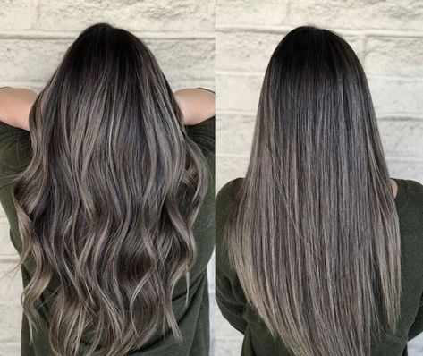 Caramel Ash Balayage, Ash Brown Babylights On Dark Hair, Ash Highlights For Dark Brown Hair, Ash Brown Balayage On Black Hair, Dark Ash Brown Hair Balayage, Ashy Babylights On Dark Hair, Balayage Ash Brown, Hair Balayage Brown, Style Black Hair