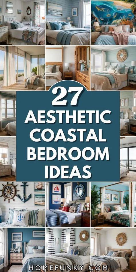 27 Coastal Bedroom Ideas for A Beach-Themed Oasis Beach Theme Guest Room, Beach Theme Bedroom Ideas Coastal Style, Beach Decor Bedroom, Moana Room, Lakehouse Inspiration, Ocean Inspired Bedroom, 27 Aesthetic, Beach Theme Bedroom, Ocean Room Ideas