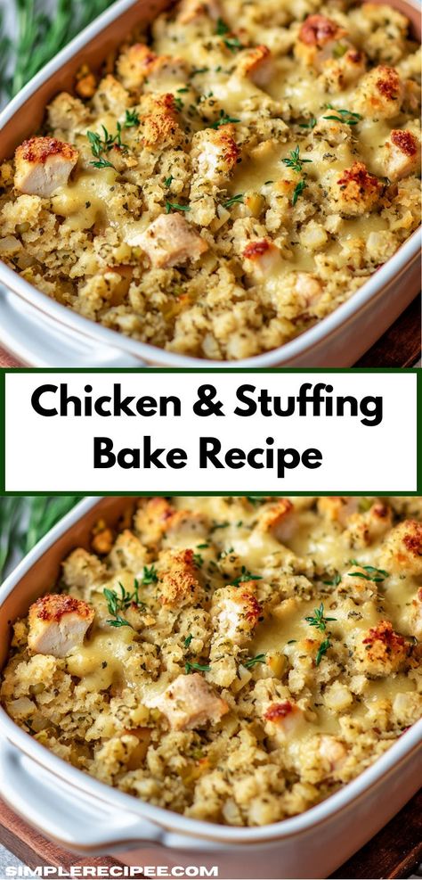 Looking for a comforting family dinner? This Chicken & Stuffing Bake is a delightful casserole recipe that combines juicy chicken with savory stuffing, making it a perfect choice for quick weeknight meals. Winter Chicken Bake, Chicken Stuffing Gravy Casserole, Chicken With Stuffing Casserole Recipes, Hearty Chicken Casserole, Chicken Cheese Stuffing Casserole, Stuffed Chicken Casserole, Stovetop Chicken Casserole Recipes, Stove Top Chicken Bake Recipes, Stove Top Stuffing And Chicken Recipes