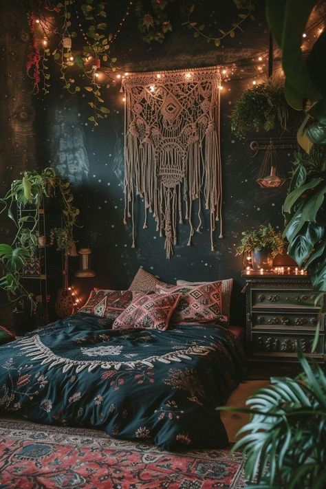 Dark Boho Bedroom Design Ideas - Cozy, Chic, and Eclectic Inspirations Goth Bedroom Ideas, Dark Romantic Bedroom, Dark Boho Bedroom, Dark Cozy Bedroom, Dark Boho Living Room, Casa Hobbit, Goth Bedroom, Boho Bedroom Design, Gothic Bedroom