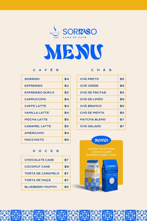 Menu design for a Portugal brand. The briefing included the need of a pattern based on the unique tiles that are traditional in Portugal, and I used the colors blue and yellow to represent that. Coffee Shop Menu Design, Shop Menu Design, Brand Brief, Unique Tile Patterns, Unique Tiles, Coffee Shop Menu, Small Coffee Shop, Coffee Menu, Unique Tile