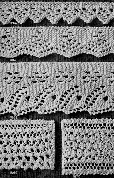 Knitted Edging patterns Nos. 1866 to 1870 originally published in Star Book of 100 Edgings. #edging #edgingpatterns Edge Knitting Pattern, Knit Lace Edge Pattern, Lacy Knit Patterns, Knit Lace Border Pattern, Lace Border Knitting Pattern, Knitted Edging Patterns Free, Knitted Lace Edging Patterns Free, Knit Lace Edging Pattern Free, Knitted Borders And Edges Patterns