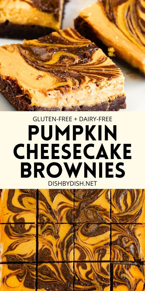 Collage of images of pumpkin cheesecake brownies Dairy Free Pumpkin Cheesecake Bars, Halloween Desserts Dairy Free, Fall Treats Gluten Free, Gf Df Pumpkin Dessert, Gluten And Dairy Free Pumpkin Desserts, Gluten Free Dairy Free Pumpkin Desserts, Pumpkin Layered Cheesecake, Gluten Free Pumpkin Brownies, Pumpkin Dairy Free Recipes