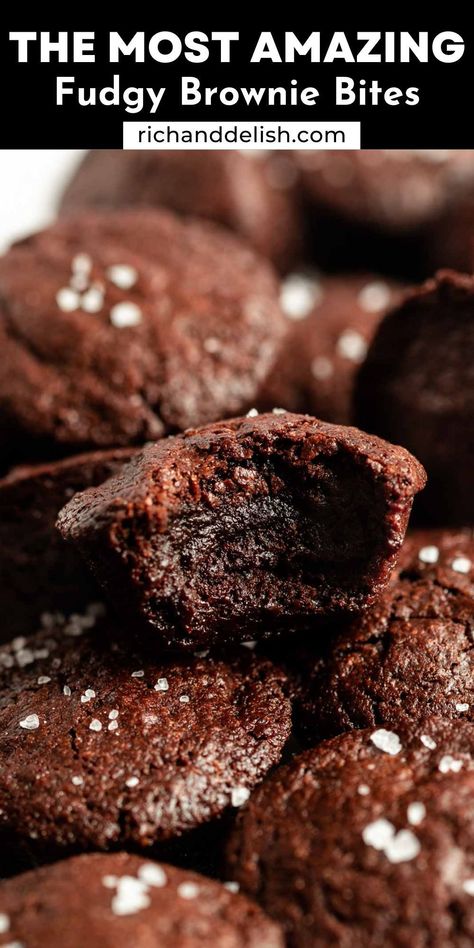 These brownie bites are moist, fudgy, and full of chocolate flavor! They are gooey in the center and have a crackly brownie-like top! Two Bite Brownie Recipe, Brownie Bites From Mix Boxes, Cheap Desserts For A Crowd, 2 Bite Brownies, Brookie Cups, Brownie Bits, Two Bite Brownies, Mini Muffin Tin Recipes, Holiday Recipes Christmas Desserts