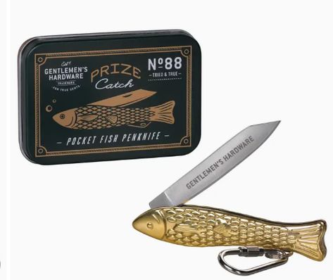 Keep your friends close and your anemones closer with this Pocket Fish Penknife from Gentlemen's Hardware. The brass 2.5" penknife comes in a unique fish-shaped design and features Gentlemen's Hardware branding on the blade. Packaged in a smart tin, it would make a great gift for the aspiring angler or keen fisherman. Fishing Gifts For Men, Gift For Fisherman, Unique Fish, Xmas 2024, Fish Jewelry, Fishing Gift, Fisherman Gifts, Fishing Theme, Fishing Gifts