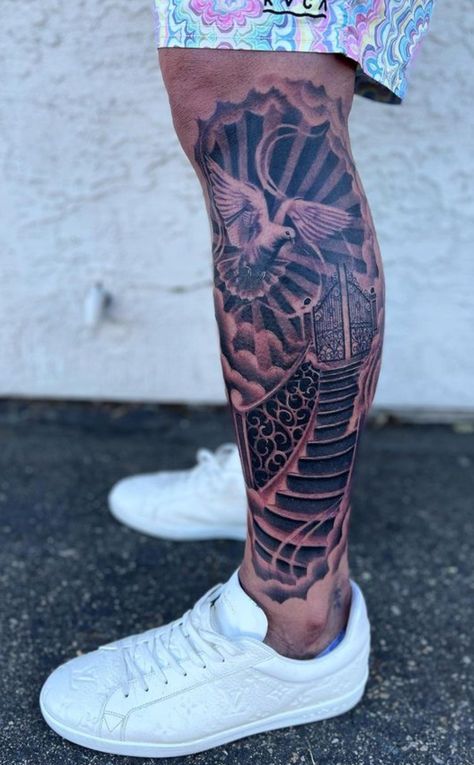 Cross Calf Tattoo Men, Calf Tattoo Men Ideas Design, Christian Leg Tattoo Men, Men��’s Tattoo Ideas Leg, Calf Sleeve Tattoo Men, Leg Sleeve Tattoo Male, Calf Sleeve Tattoo, Prayer Tattoo, Calf Tattoo Men