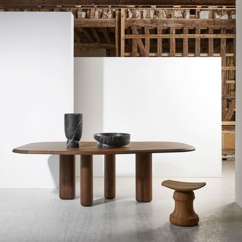 Samuel Accoceberry Studio on Instagram: “New Rough table finishing in walnut for @collection_particuliere • photo : @francisamiand . . #collectionparticuliere #roughtable #rough…” Japandi Interiors, Sustainable Interior Design, Desk Cabinet, Rough Wood, High Table, Dining Room Rug, Side Chairs Dining, Table Lamp Lighting, Living Dining Room