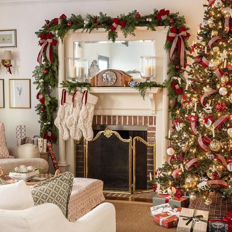 classic holiday decor + traditional christmas decor + red and green accents + garland accents + christmas tree + knit stockings + red ribbon + christmas bells + christmas ornaments + holiday decor | Scout & Nimble Christmas Interior Design, Bells Christmas, Traditional Christmas Decorations, Christmas Tours, Ribbon Christmas, Christmas Decorations Living Room, Christmas Interiors, Knit Stockings, Christmas Living Rooms