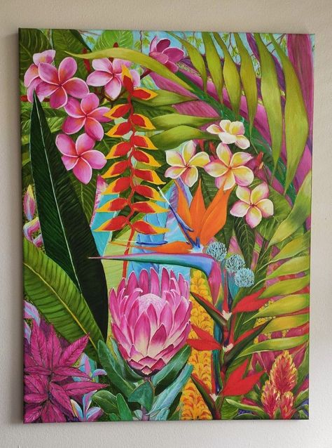 Hawaiian Tropical Flowers Original Oil Art Painting on Canvas, Hawaii Art, Large 24x18 Tropical Plants Leaves Wall Art Tropical Plants Painting Acrylic, Oil Art Painting, Protea Art, Bird Painting Acrylic, Big Painting, Door Painting, Tropical Art Print, Leaves Wall Art, Tropical Painting