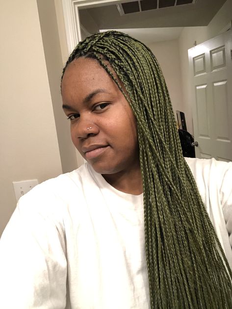 Finishing my olive green box braids Olive Green Knotless Braids, Dark Green Knotless Braids, Green Braided Hairstyles, Olive Green Braids, Dark Green Box Braids, Dark Green Braids, Green Knotless Braids, Green Knotless, Hair Styles Box Braids