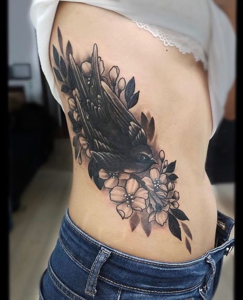 Cover up tattoo with Swallow, Flowers and Leaves Ribs Cover Up Tattoo, Rib Tattoos For Women, Shop Tattoo, Up Tattoo, Tattoo Cover-up, Cover Up Tattoo, Female Tattoo, Rib Tattoo, Women's Cover Up