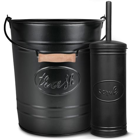 PRICES MAY VARY. Farmhouse Bathroom Accessories Set - Elevate your bathroom with the perfect blend of rustic charm and modern functionality. This black toilet brush and trash can set includes a vintage-style Black trash can and a matching decorative toilet brush with holder for a cohesive and delightful look. Perfect for modern farmhouse bathroom decor Durable Black Construction - This bathroom trash can with toilet brush set is crafted with sturdy black steel, ensuring long-lasting durability a Farmhouse Bathroom Spa, Farmhouse Bathroom Shaker Towel Rack Accessories, Farmhouse Toilet Bowl, Cozy Bathroom With Black Accessories, Rustic Farmhouse Bathroom Lowe's, Simple Farmhouse Bathroom Rustic, Amazon Bathroom Must Haves Farmhouse, Simple Farmhouse Bathroom Vintage, Modern Farmhouse Bathroom Overstock