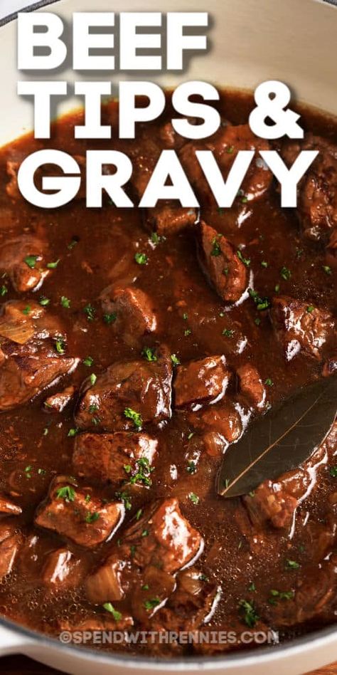 Beeftips Recipe Easy, Steak Bites With Rice And Gravy, Homemade Beef Tips And Gravy, Steak Tips With Gravy, Dinner Ideas With Gravy, Sauteed Beef Tips, Cajun Beef Tips, Heinz Beef Gravy Recipes, Instapot Beef Tips With Brown Gravy