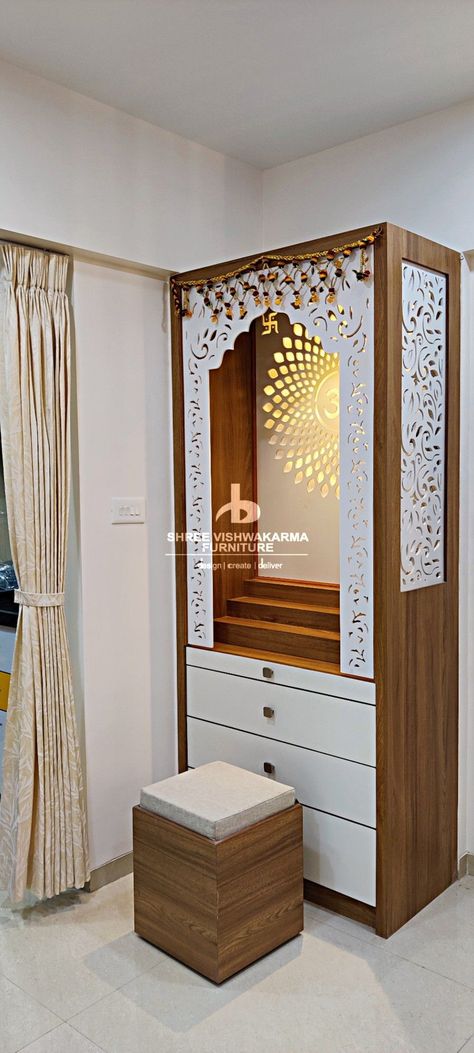 40+ Wooden Cupboard Design Bedroom & Kitchen Storage Solutuion Pujaghar Design, Pooja Room Wardrobe Design, Puja Tall Unit Design, Temple In Bedroom Ideas, Pooja Wardrobe Design, Mandir For Living Room, Temple Home Puja Room, Devhara In Living Room, Small Pooja Room Ideas In Living Room