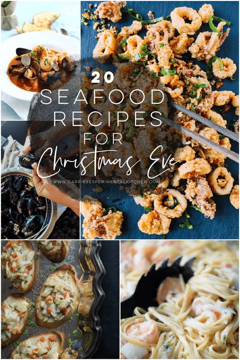 Celebrate Christmas Eve with these 20 seafood recipes including mussels, shrimp, pasta, salads, appetizers and soup! Seafood For New Years Eve, Seafood Christmas Appetizers, Seafood Entrees Appetizers, Sea Food Appetizers, Seafood Ideas For Christmas, Italian Christmas Eve Appetizers, Seafood New Years Dinner, Winter Seafood Dishes, Seafood For Thanksgiving