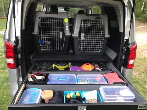 Dog Car Organization, Dog Kennel Car Set Up, Dog Collar Storage, Ruffland Kennel Setup, Dog Transport Van Ideas, Dog Things Organization, Dog Car Setup, Dog Gear Organization, Kennel Layout