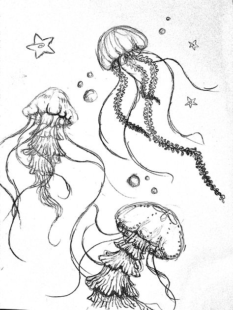 Cool Jellyfish Drawing, How To Draw Jellyfish Tentacles, Trippy Jellyfish Drawing, Jelly Fish Drawing Aesthetic, Graphic Drawing Sketches, Simple Jellyfish Drawing, Jelly Fish Drawing Sketches, Jellyfish Drawing Simple, Jellyfish Art Drawing