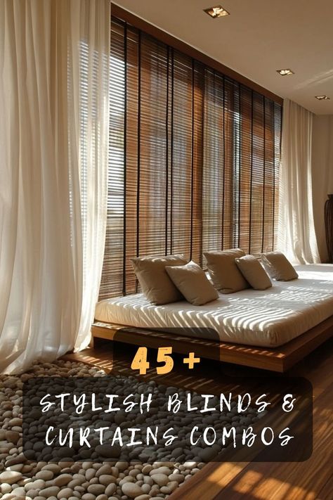 Embrace modern layering with 45 blinds and curtains ideas that offer a sleek and stylish look. Featuring contemporary designs, innovative textures, and chic combinations, these ideas elevate your decor. Click to explore these modern inspirations and let your windows shine with layered sophistication! 🌟🪟 #BlindsAndCurtains #ModernDesigns #LayeredLook #ChicCombinations #InteriorStyle #DecorInspo #SleekSophistication Curtains With Wooden Blinds, Curtains With Wood Blinds, Living Room Curtains And Blinds, Mid Mod Window Treatments, Blind And Curtain Ideas, Drapes With Zebra Blinds, Curtains And Blinds Together Master Bedrooms, Wood Blinds With Curtains Living Room, Wood Slat Blinds