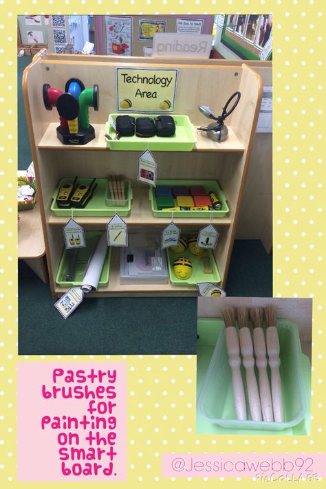 New technology area! My favourite addition is pastry brushes for 'painting' on the smart board. EYFS Preschool Technology, Reception Classroom, Eyfs Ideas, Nursery Layout, Reception Class, Eyfs Classroom, Continuous Provision, Early Years Classroom, Preschool Rooms