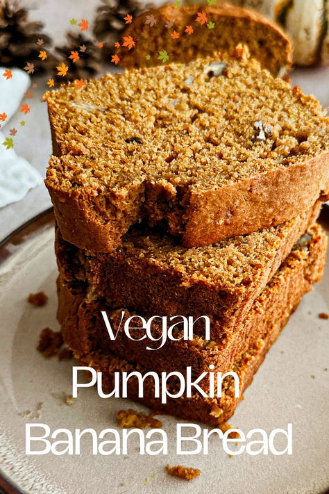 stack of vegan pumpkin banana bread Banana Pumpkin Bread Vegan, Vegan Protein Pumpkin Bread, Vegan Quick Bread Recipes, Vegan Banana Pumpkin Bread, Banana Pumpkin Bread Recipe, Pumpkin Banana Bread Healthy, Vegan Pumpkin Banana Bread, Pumpkin Banana Bread Recipe, Pumpkin Zucchini Bread