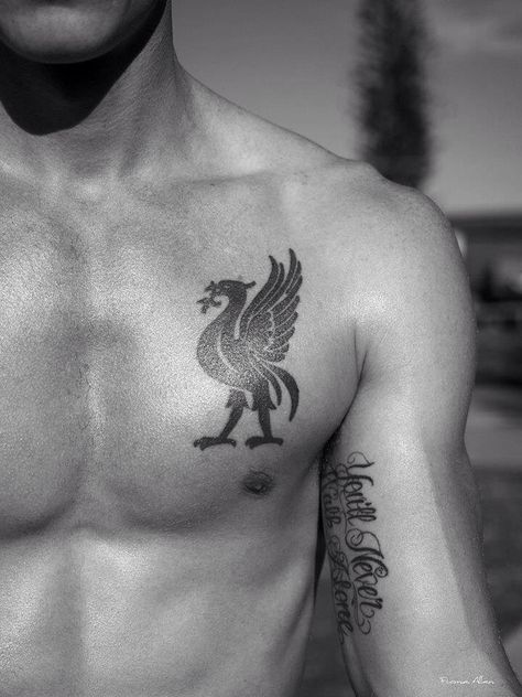 My man <3 Liverpool Tattoo Ideas For Men, Liverpool Tattoo Ideas, Liverpool Tattoo Design, Liverbird Tattoo, Ynwa Tattoo, Masterpiece Tattoo, Lfc Tattoo, Chest Tattoo Wings, Liverpool Fc Tattoo