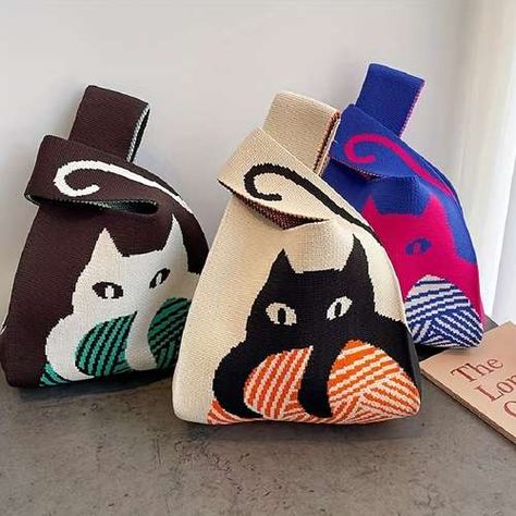 Cartoon Pattern Knitted Cute Handbag, Large Capacity Portable Versatile Tote Bag, Lightweight Simple Design Wrist Bag - Bags & Luggage - Temu United Kingdom Beg Tangan, Multi Colored Bag, Gatto Carino, Plaid Tote Bag, Knitting Tote Bag, Plaid Tote, Knitting Tote, Woven Handbags, Handbag Patterns