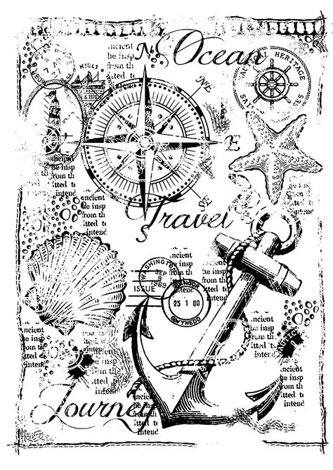 Another beautiful grungy looking stamp is this Nautical Collage stamp from Creative Expressions. It is part of the Woodware Clear Singles collection. This stamp has everything nautical on it, an anchor, compass, starfish, shells, and much more embedded behind these images. This stamp is made of clear photopolymer and will adhere to an acrylic block (sold separately). This stamp can be used with your favorite inks, markers, paints, embossing powders, and other crafting mediums (all sold separatel Nautical Map Art, Vintage Nautical Tattoo, Nautical Drawings, Literature Tattoos, Nautical Drawing, Anchor Drawings, Sea Images, Stamp Collage, Sue Wilson Dies