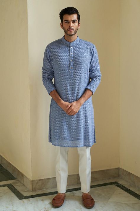 Buy Contrast By Parth Blue Chikankari Embroidered Kurta Set Online | Aza Fashions Sky Blue Chikankari Kurta, Blue Chikankari Kurta, Chikankari Kurta Set, Stylish Kurta, Chikankari Kurta, Blue Kurta, Kurta Men, Kurta Set For Men, Mens Kurta Designs