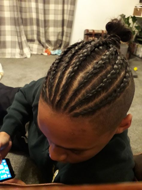 Back to basics faded and braided style . Basic Cornrows For Men, Boy Braid Styles, Undercut Braid, Braids With Fade, Braided Man Bun, Man Buns, Quick Hairstyles For School, Cornrow Hairstyles For Men, Braids For Boys