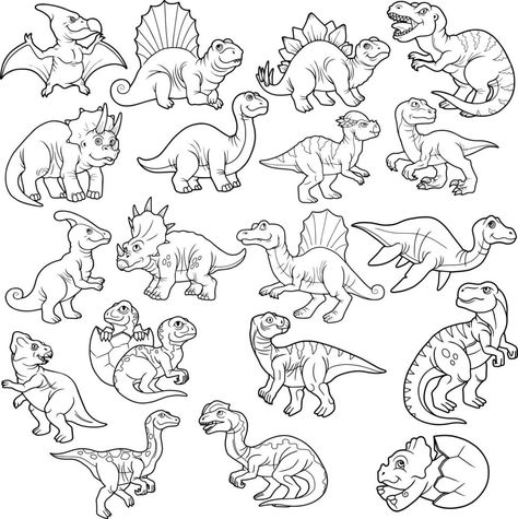 set of cartoon prehistoric dinosaurs, coloring book for children, outline illustration Prehistoric Dinosaurs, Dinosaur Drawing, Dinosaur Illustration, Outline Illustration, Dinosaur Coloring, Doodle Art Designs, Dinosaurs, Doodle Art, Animal Drawings