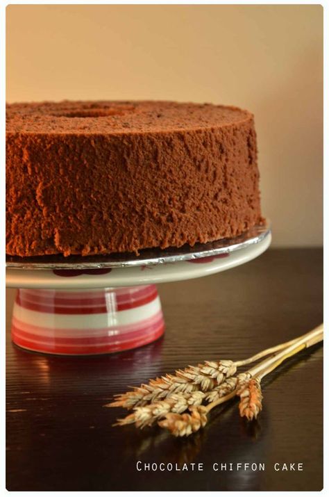 chocolate chiffon cake Chiffon Recipe, Bolo Chiffon, Chocolate Chiffon Cake, Orange Chiffon Cake, Orange And Chocolate, Pandan Cake, Chocolate Sponge Cake, Basic Cake, Chocolate Sponge