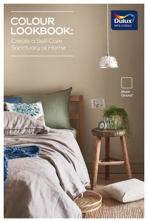 Dulux Colour of the year 2021, Brave Ground has the ability to create a relaxed and balanced bedroom sanctuary. It’s a warm, earthy tone that connects us back to nature and the simple things. Stone Coloured Bedroom, Small Bedroom Colour Schemes, Warm Color Bedroom Ideas, Dulux Warm Neutrals, Dulux Paint Colours Neutral, Colours For Bedroom, Dulux Bedroom Colours, Warm Neutral Bedroom Ideas, Girls Bedroom Paint Colors