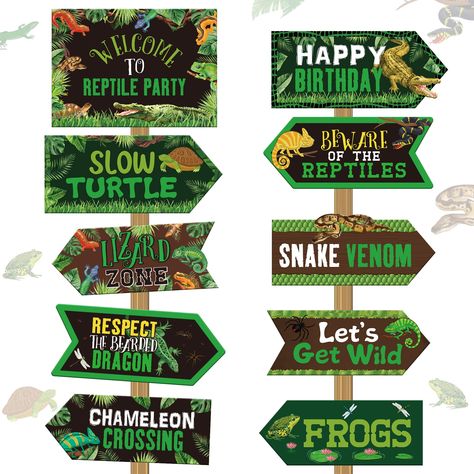 PRICES MAY VARY. Reptile Party Sign: you will be provided with 20 pieces of reptile theme party signs in 10 styles, 2 pieces for each style, with rich quantities and styles to be paired with other ornaments to decorate the party Proper Size: the bigger one of reptile theme decorations is about 11.02 x 7.87 inches, and the rest styles are approx. 11.02 x 5.12 inches; Different shapes and sizes are also slightly different, please refer to the product for the specific size Safe and Sturdy: the Rept Reptile Birthday Party, Snake Turtle, Reptile Party, Jungle Decorations, Jungle Theme Birthday, Girl Kid, Jungle Birthday, 10th Birthday Parties, Directional Signs