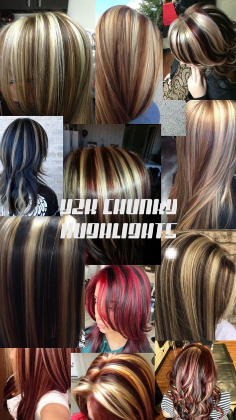 y2k 2000s blonde brown red highlights Chunky Highlights 2000s, 2000 Hair Color, Chunky Colored Highlights, Brown Red Highlights, Y2k Chunky Highlights, 2000s Chunky Highlights, 2000 Hair, Y2k Inspo, Brown Y2k