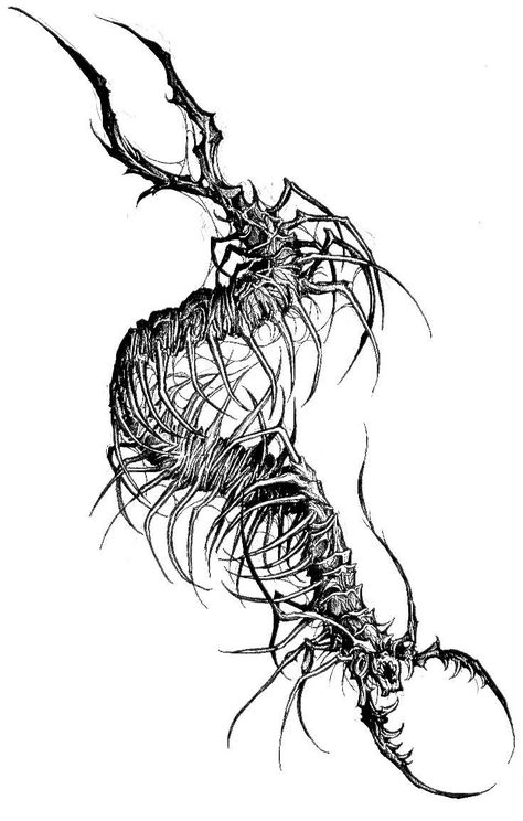 Goth Scorpion Tattoo, Creepy Centipede Tattoo, Centepide Tattoo Design, Centepide Tattoo Drawing, Chernabog Tattoo, Centipede Sketch, Centapeid Tattoo Design, Kaneki Centipede Tattoo, Cien Pies Tattoo