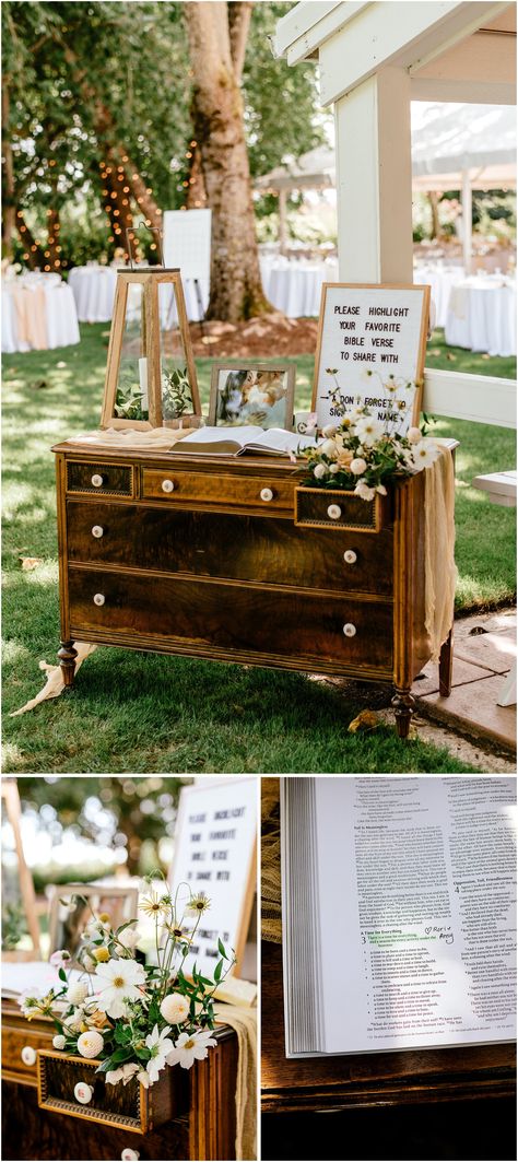 Rustic Wedding Sign In Table Ideas, Family Table Decor Wedding, Tables To Have At A Wedding, Family Bible Wedding Guest Book, Bible For Guest Book At Wedding, Wedding Reception Couple Table, Entryway Table Decor Wedding, Sign In Table For Wedding Ideas, Wedding Bible Signing