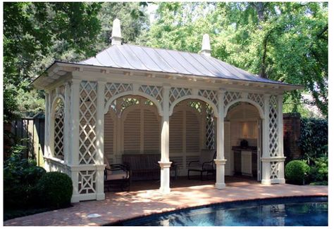 Pavilion Backyard, Pool House Cabana, Pool Pavilion, Apartment Guide, Garden Pavilion, Chinese Chippendale, Pool Cabana, Gazebo Pergola, Apartment Rental