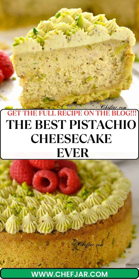 A slice of heaven with Pistachio Cheesecake! This luxurious dessert features a creamy cheesecake base, infused with the nutty richness of pistachios. Pistachio Dessert Cake, Pistachio Cheesecake Recipe, Unique Cheesecake Recipes, Unique Cheesecake, Cheesecake Base, Unusual Dessert, Pistachio Cheesecake, Pistachio Dessert, Pistachio Recipes