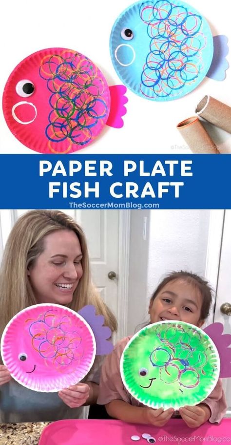 Make a splash with this cute and colorful paper plate fish craft. Kids will love stamping scales on their fish with a cardboard tube and paint! It's so easy to make out of supplies you're sure to have on hand! Make this perfect summer craft! Paper Plate Fish Craft, Plate Fish Craft, Fish Crafts Kids, Rainbow Fish Crafts, Paper Plate Fish, Craft Activities For Toddlers, Octopus Crafts, Prek Crafts, Fish Craft