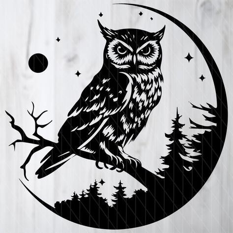 "Embark on a creative journey with our exquisite \"Lunar Owl SVG\" file! Designed for decal makers, digital artists, print-on-demand maestros, and anyone seeking a touch of nocturnal magic, this high-quality SVG encapsulates the grace of an owl against a moonlit forest backdrop. Your canvas is now a moonlit sky--let the creativity take flight! Why Choose our \"Lunar Owl SVG\" for Your Creations? Versatile Creativity: Tailored for decal makers, digital artists, and sticker enthusiasts, this SVG file is a versatile addition to your toolkit. Bring the magic of the night to your projects effortlessly. Premium Quality Imagery: Crafted with precision, our high-resolution design ensures that every feather, every moonbeam, is captured with remarkable clarity. Your creations will exude the same bri Vogel Silhouette, Owl Decal, Owl Svg, Moonlit Forest, Owl Silhouette, Forest Backdrop, Owl Moon, Moon Svg, Forest Backdrops