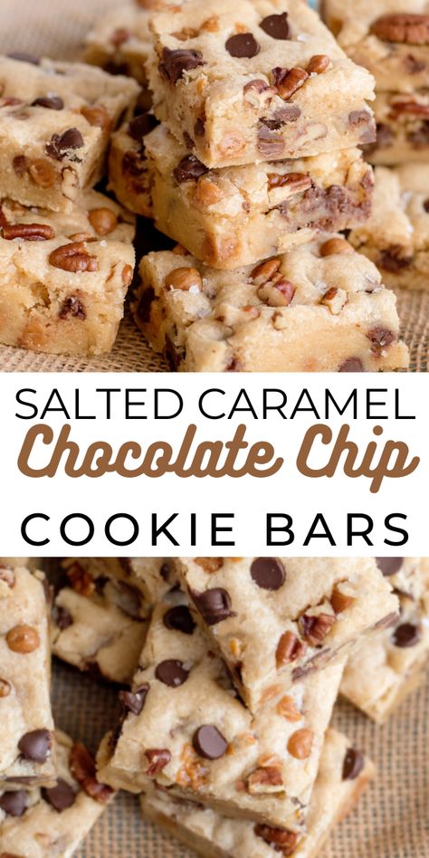 Salted Caramel Cookies Bars, Salted Caramel Baking Chips Recipes, Cookies With Salted Caramel Chips, Salted Caramel Chocolate Chip Cookie Bar, Recipes With Salted Caramel Chips, Carmel Bits Cookie Recipes, Salted Caramel Chips Recipes, Recipe Using Caramel Bits, Chocolate Caramel Pretzel Bars