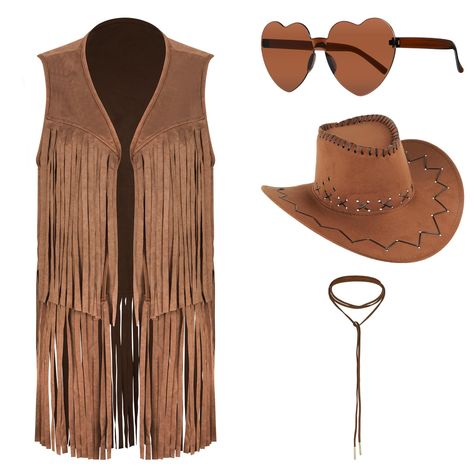 PRICES MAY VARY. Retro Design: This suit is based on the classic hippie style women's fringed vest, using light and modern materials. The collarless cardigan and long fringe design show a sense of fashion, allowing the wearer to stand out in the fashion trend. Western Cowboy Elements: The cowboy hat that combines retro western style is made of polyester felt material, which is strong and can maintain its three-dimensional shape well, adding a unique retro atmosphere to the overall look, showing