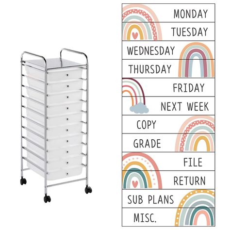 PRICES MAY VARY. Package included: these 10-drawer teacher rolling cart labels set included 12 pieces labels that are labelled with the following words: Monday, Tuesday, Wednesday, Thursday, Friday, Next week, Copy, Grade, File, Return, Sub Plans, Misc., and 3 sheet of glue point to easy set up the rolling cart, a great way to stay organized while adding a cute touch of decor to your classroom Measurement: these rolling cart labels are designed to fit the 10-drawer rolling cart drawers but can f Teacher Rolling Cart, Teacher Cart, Teaching Classroom Decor, Boho Classroom Decor, Boho Classroom, Prek Classroom, Drawer Labels, Teacher Office, Rolling Storage Cart