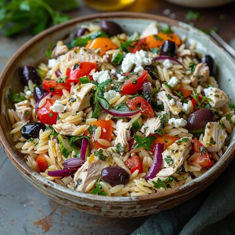 Greek Chicken Orzo Salad Recipe: Fresh, Flavorful, and Healthy! Greek Chicken Orzo Salad, Greek Chicken Orzo, Chicken Orzo Salad, Creative Cookery, Orzo Salad Recipes, Greek Chicken Salad, Chicken Fresh, Vegan Feta Cheese, How To Cook Orzo