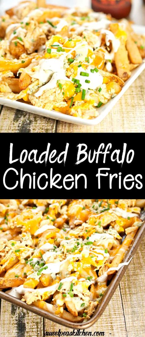 Loaded Buffalo Chicken Fries - Sweet Pea's Kitchen Loaded Buffalo Chicken Fries, Buffalo Chicken Fries Recipes, Kid Food Recipes, Buffalo Chicken Dips, Shrimp Appetizers Easy, Buffalo Chicken Fries, Buffalo Shrimp Recipes, Wings Buffalo, Dirty Fries