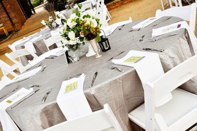 table setting without chargers. napkin folded with buffet/dinner menu on top. looks great. Wedding Table Settings Purple, Gray Table, White Napkins, Grey Table, White Cushions, Rustic Invitations, Wedding Table Settings, Wedding Tablescapes, Reception Table