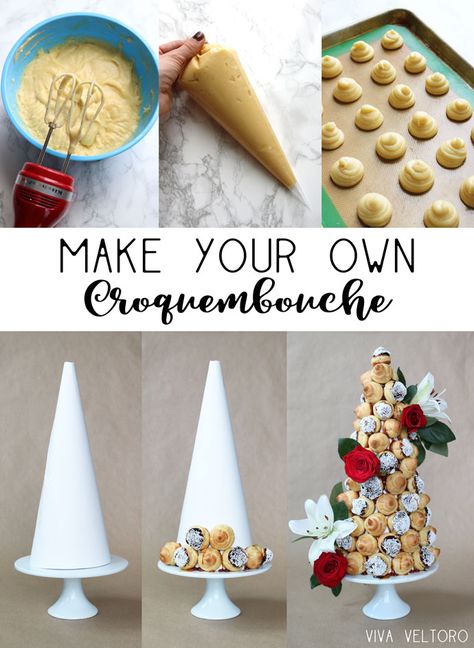 Cream Puff Tower Wedding, Cream Puff Tower How To Make, Croquembouche Decoration, Cream Puff Display Party Ideas, Cream Puff Display, Halloween Croquembouche, Croquembouche Birthday, Croquembouche Christmas, Profiteroles Tower