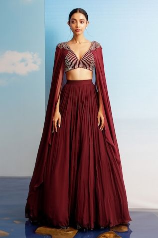 Buzzworthy Styles | Luxury Designer Fashion | Exclusive Bridal & Occasion Wear | Designer Shoes, Bags & Accessories for Women & Men | Latest Runway Trends Lehanga With Jacket Designs Latest, Lehenga Cape Style, Shloka Khialani, Net Puff Sleeves, Brown Lehenga, Diwali Dress, Isha Gupta, Lehenga Ideas, Grey Lehenga