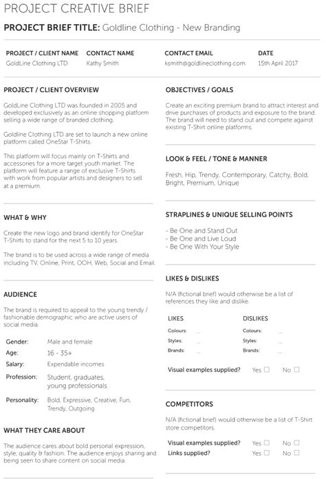 Design Brief Example-1 Client Brief Template, Fashion Design Brief Example, Creative Brief Template Marketing, Branding Brief Template, Creative Brief Template Design, Resource Guide Design, Brand Brief Template, Creative Brief Example, Graphic Design Deliverables